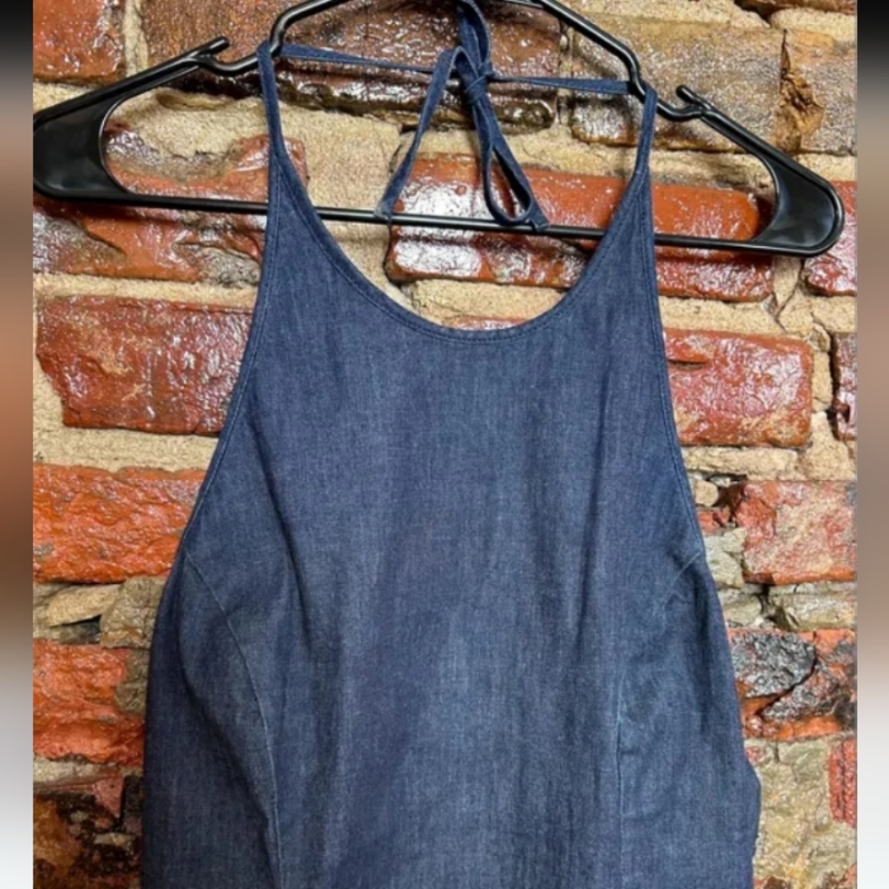 VINTAGE Ann Taylor Dark Wash Denim Halter Dress Y2K Sleeveless Backless Midi 8P - Picture 5 of 11